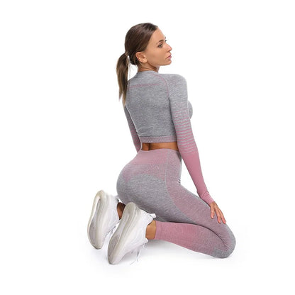 Seamless Ombre Long Sleeve Yoga Set: Women&