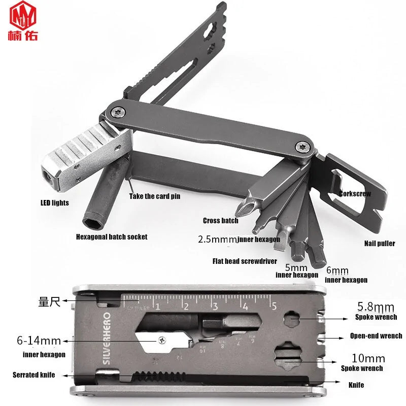 Portable Outdoor EDC Multitool with LED Light - Stainless Steel Screwdriver and Wrench Set for Bicycle Repair