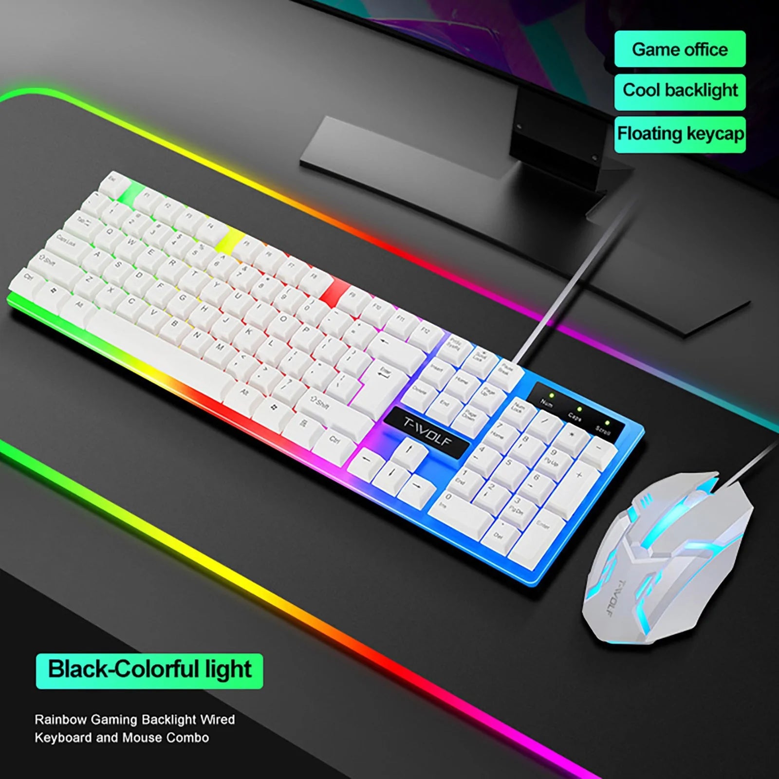 Rainbow Backlit Wired Gaming Keyboard and Mouse Kit with One-Click Light Control